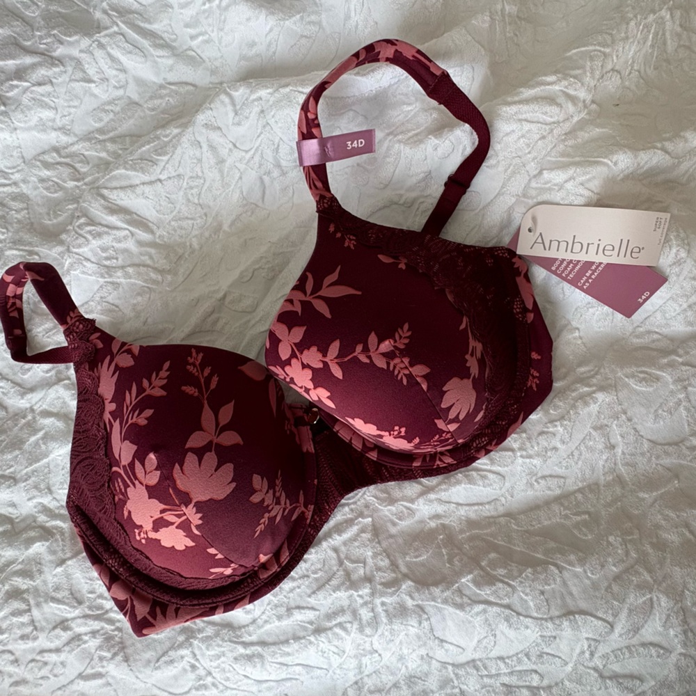 Ambrielle 34D Floral Lace Bra Maroon Burgundy NWT Underwire